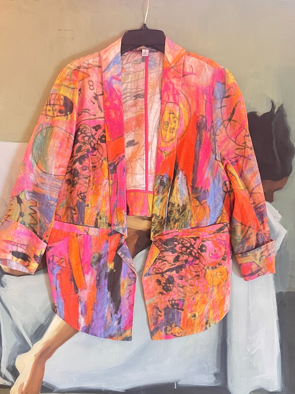 Colorful Abstract Print Women's Blazer Jacket - Pink Multi